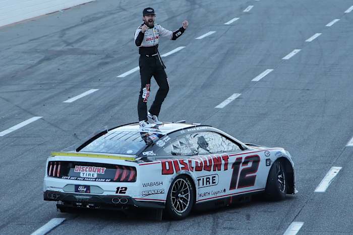 Now that's how you do it! Ryan Blaney celebrates in front of the sellout crowd Sunday at Martinsville Speedway. (Photo by Jonathan Bachman/Getty Images)